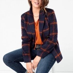 CAbi Checkmate Navy and Orange Plaid Blazer